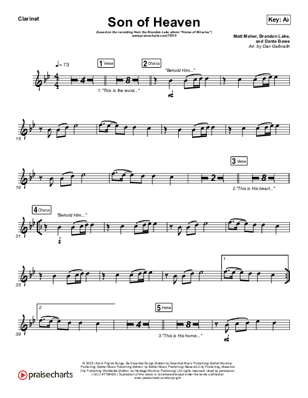 Son Of Heaven (Live) Clarinet (Brandon Lake / Matt Maher / Dante Bowe)
