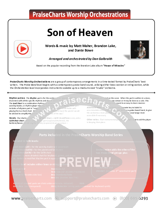 Son Of Heaven (Live) Cover Sheet (Brandon Lake / Matt Maher / Dante Bowe)