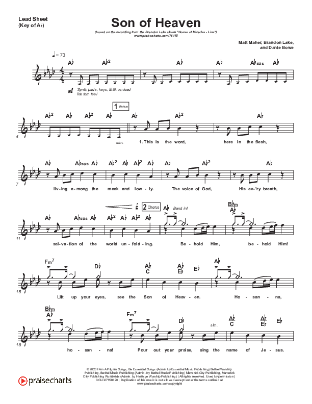 Son Of Heaven (Live) Lead Sheet (Melody) (Brandon Lake / Matt Maher / Dante Bowe)