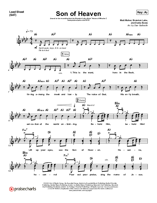 Son Of Heaven (Live) Lead Sheet (SAT) (Brandon Lake / Matt Maher / Dante Bowe)