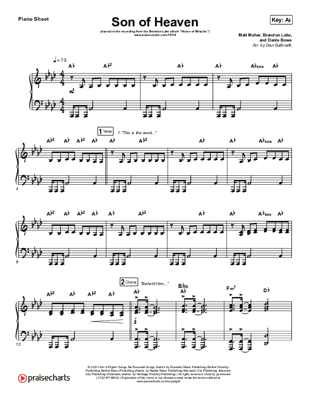Son Of Heaven (Live) Piano Sheet (Brandon Lake / Matt Maher / Dante Bowe)