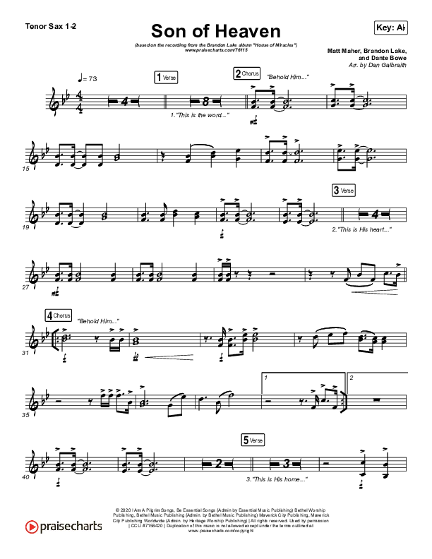 Son Of Heaven (Live) Tenor Sax 1/2 (Brandon Lake / Matt Maher / Dante Bowe)