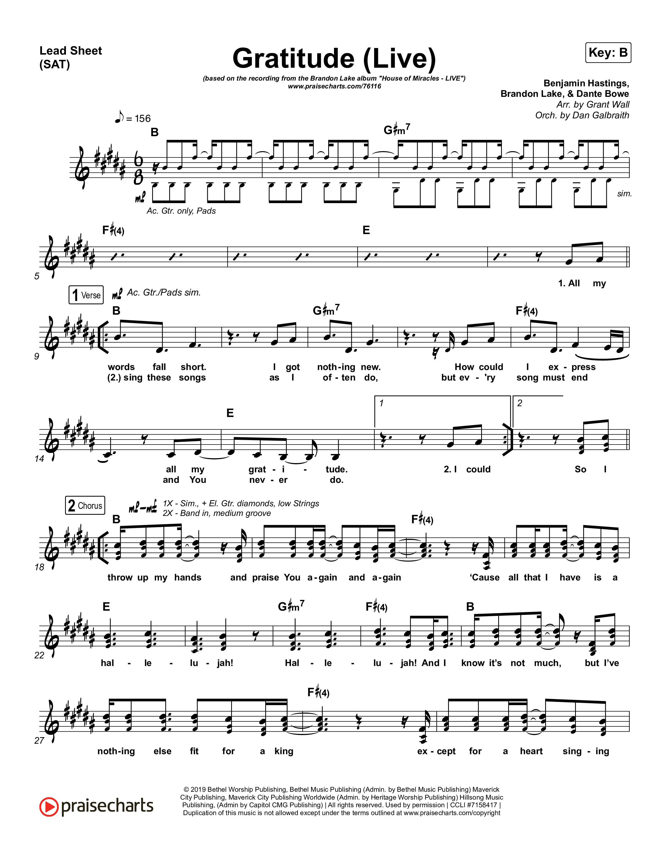 Gratitude (Live) Lead Sheet (SAT) (Brandon Lake)