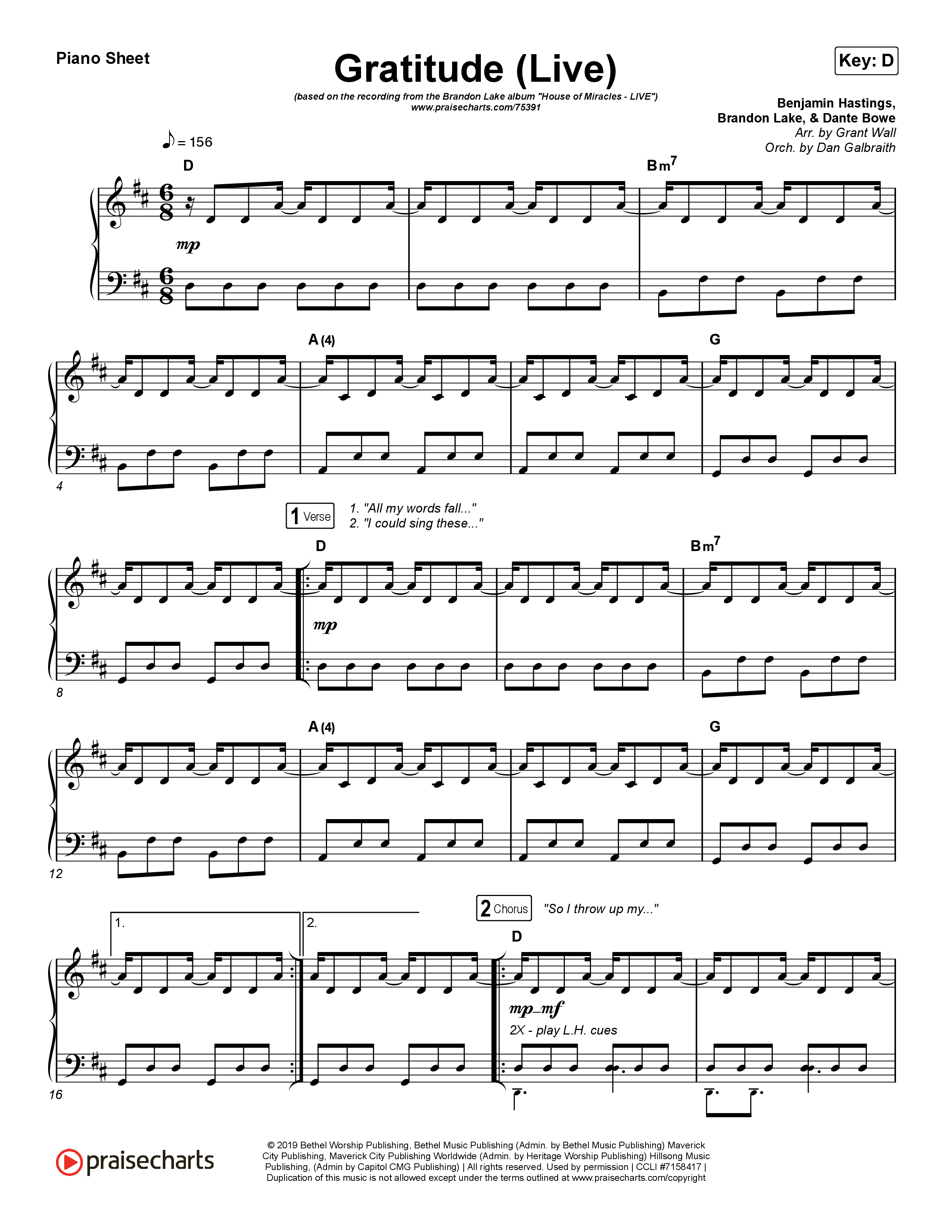 Gratitude (Live) Piano Sheet (Brandon Lake)