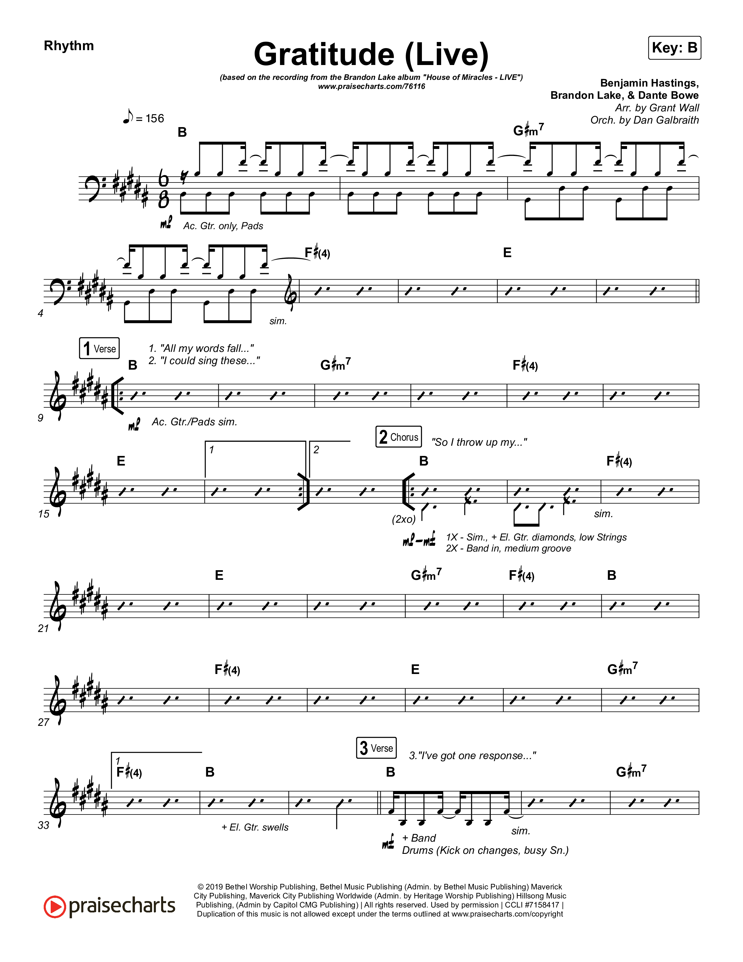 Gratitude (Live) Rhythm Chart (Brandon Lake)
