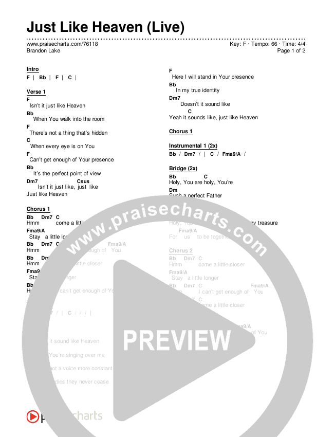 Just Like Heaven (Live) Chords & Lyrics (Brandon Lake)