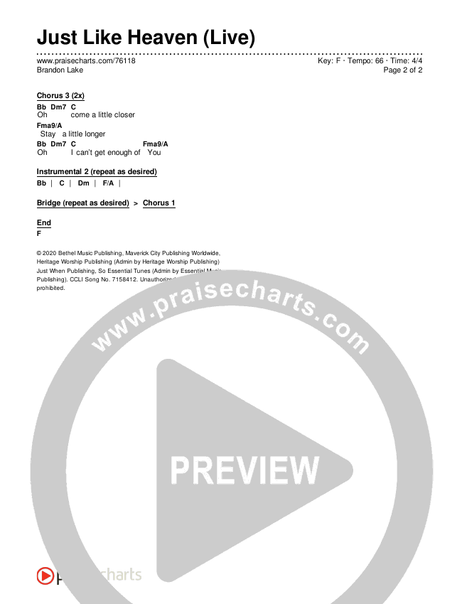 Just Like Heaven (Live) Chords & Lyrics (Brandon Lake)