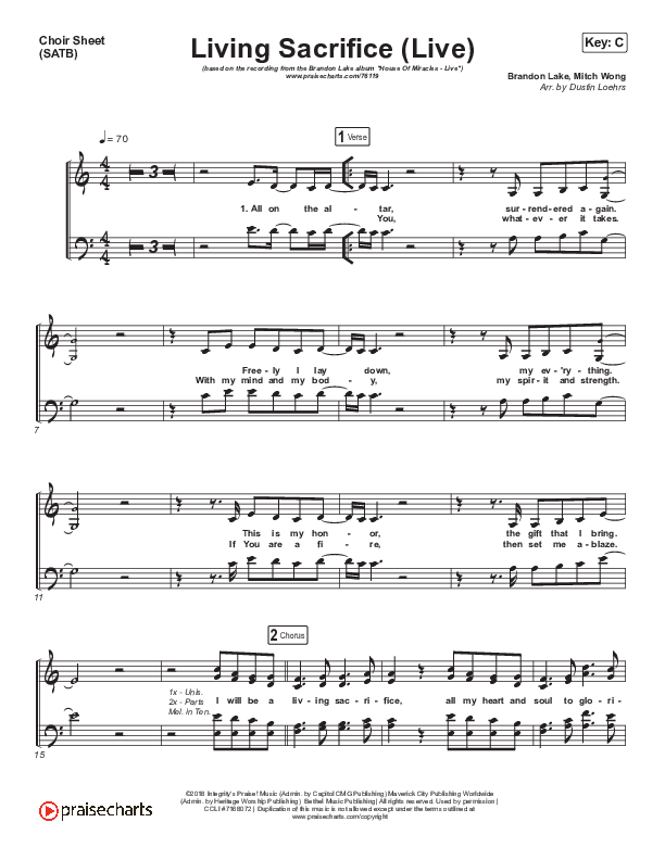 Living Sacrifice (Live) Choir Sheet (SATB) (Brandon Lake)