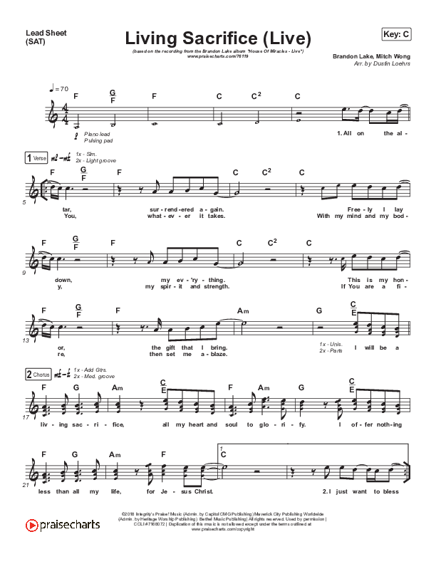 Living Sacrifice (Live) Lead Sheet (SAT) (Brandon Lake)