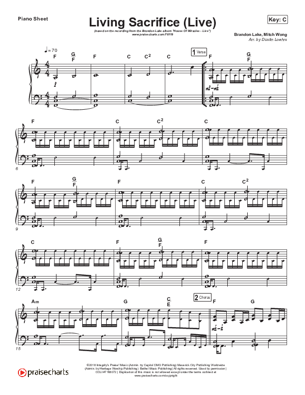Living Sacrifice (Live) Piano Sheet (Brandon Lake)