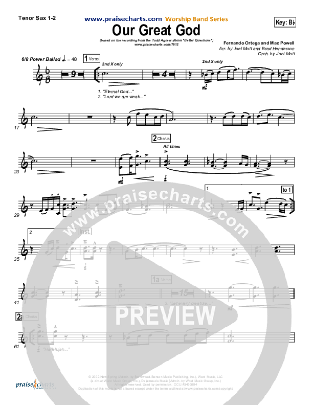 Our Great God Tenor Sax 1/2 (Todd Agnew)