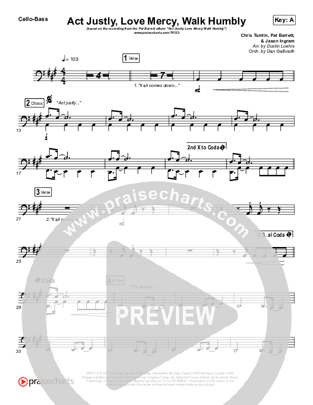 Act Justly Love Mercy Walk Humbly Cello/Bass (Pat Barrett)