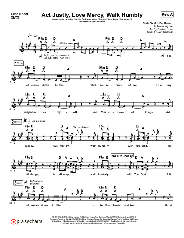 Act Justly Love Mercy Walk Humbly Lead Sheet (SAT) (Pat Barrett)