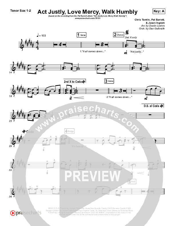 Act Justly Love Mercy Walk Humbly Tenor Sax 1/2 (Pat Barrett)