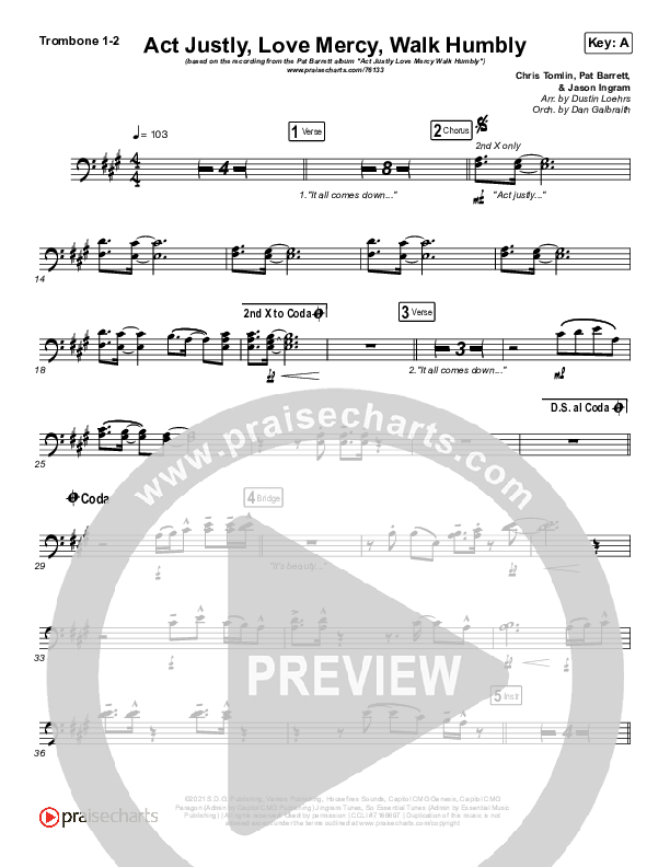 Act Justly Love Mercy Walk Humbly Trombone 1/2 (Pat Barrett)