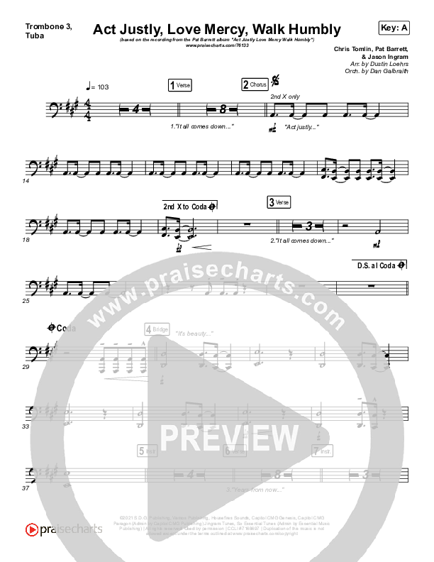 Act Justly Love Mercy Walk Humbly Trombone 3/Tuba (Pat Barrett)