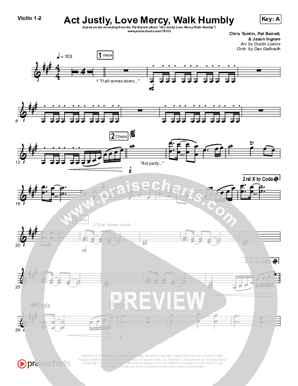 Act Justly Love Mercy Walk Humbly Violin 1/2 (Pat Barrett)