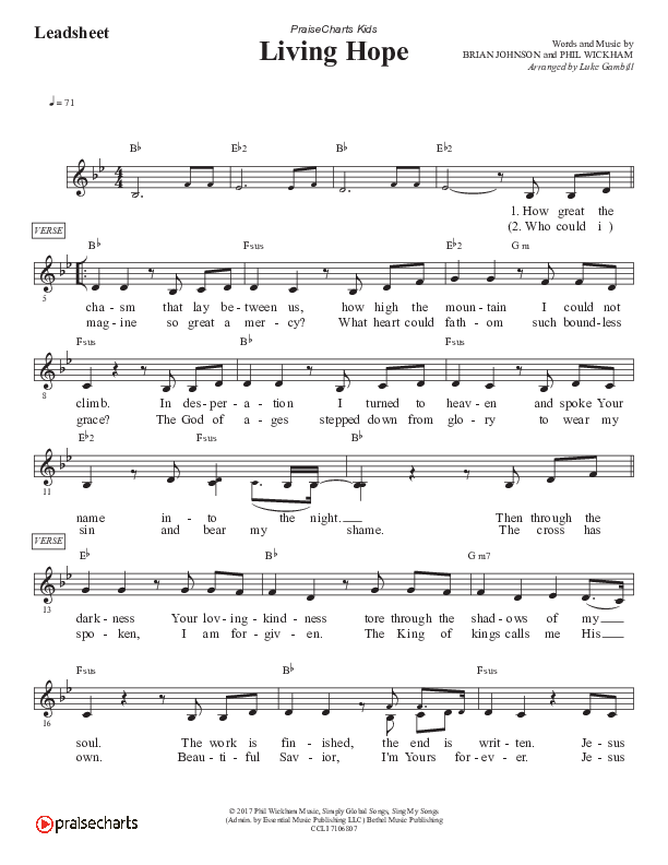 Living Hope (Kids) Lead Sheet (Melody) (PraiseCharts Kids / Arr. Luke Gambill)