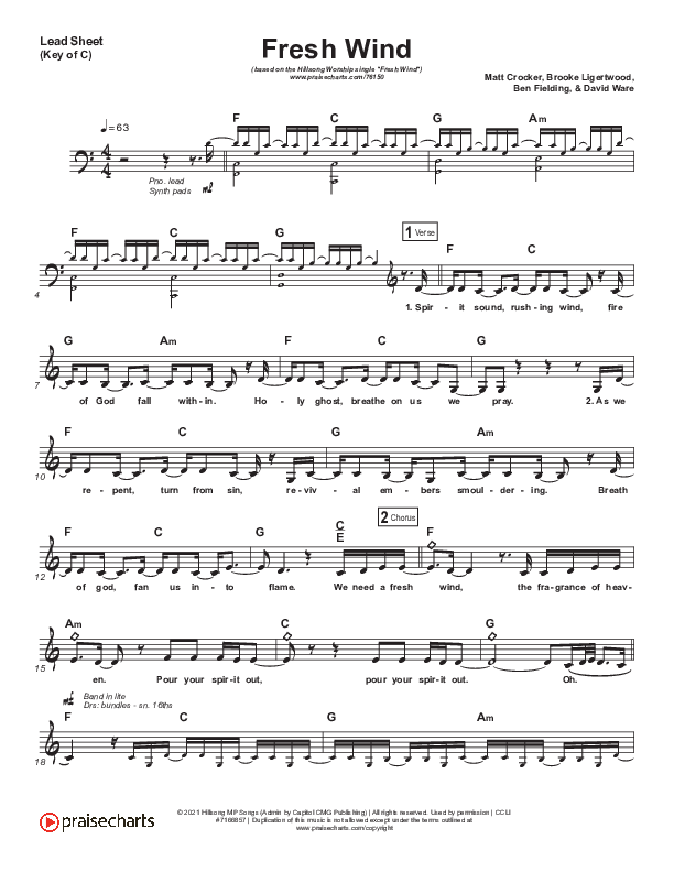 Fresh Wind Lead Sheet (Melody) (Hillsong Worship)