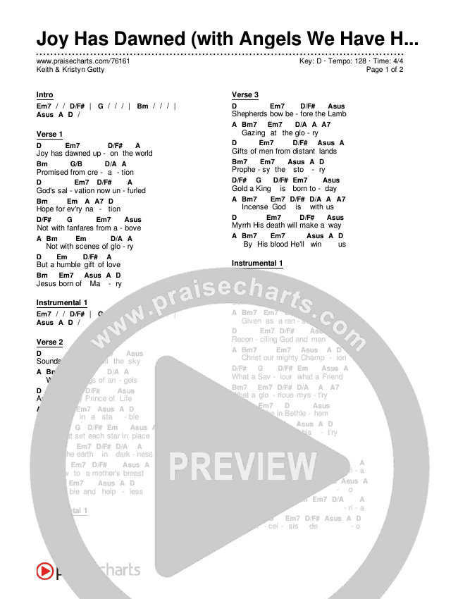 Joy Has Dawned (with Angels We Have Heard On High) Chords & Lyrics (Keith & Kristyn Getty)