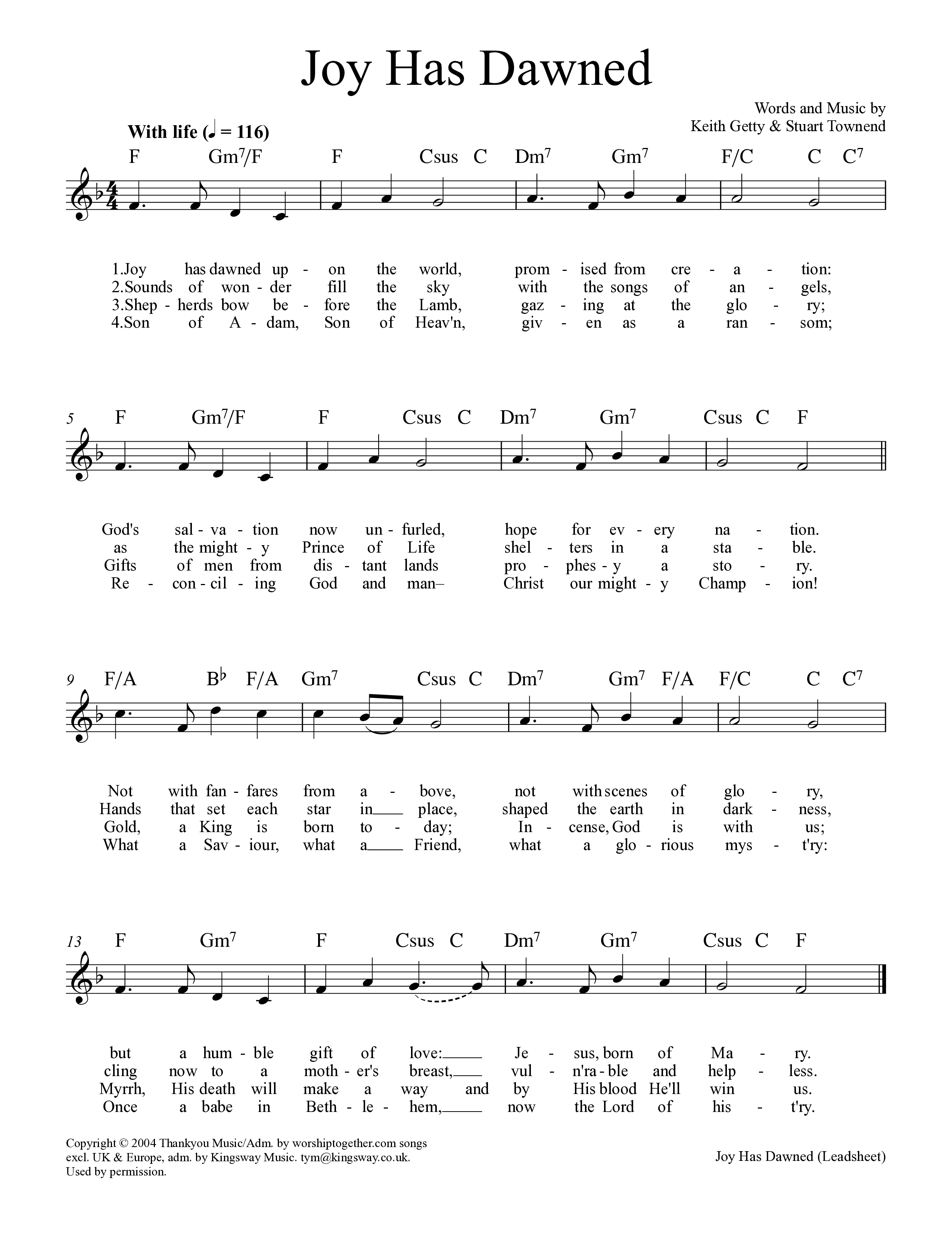 Joy Has Dawned (with Angels We Have Heard On High) Hymn Sheet (Keith & Kristyn Getty)