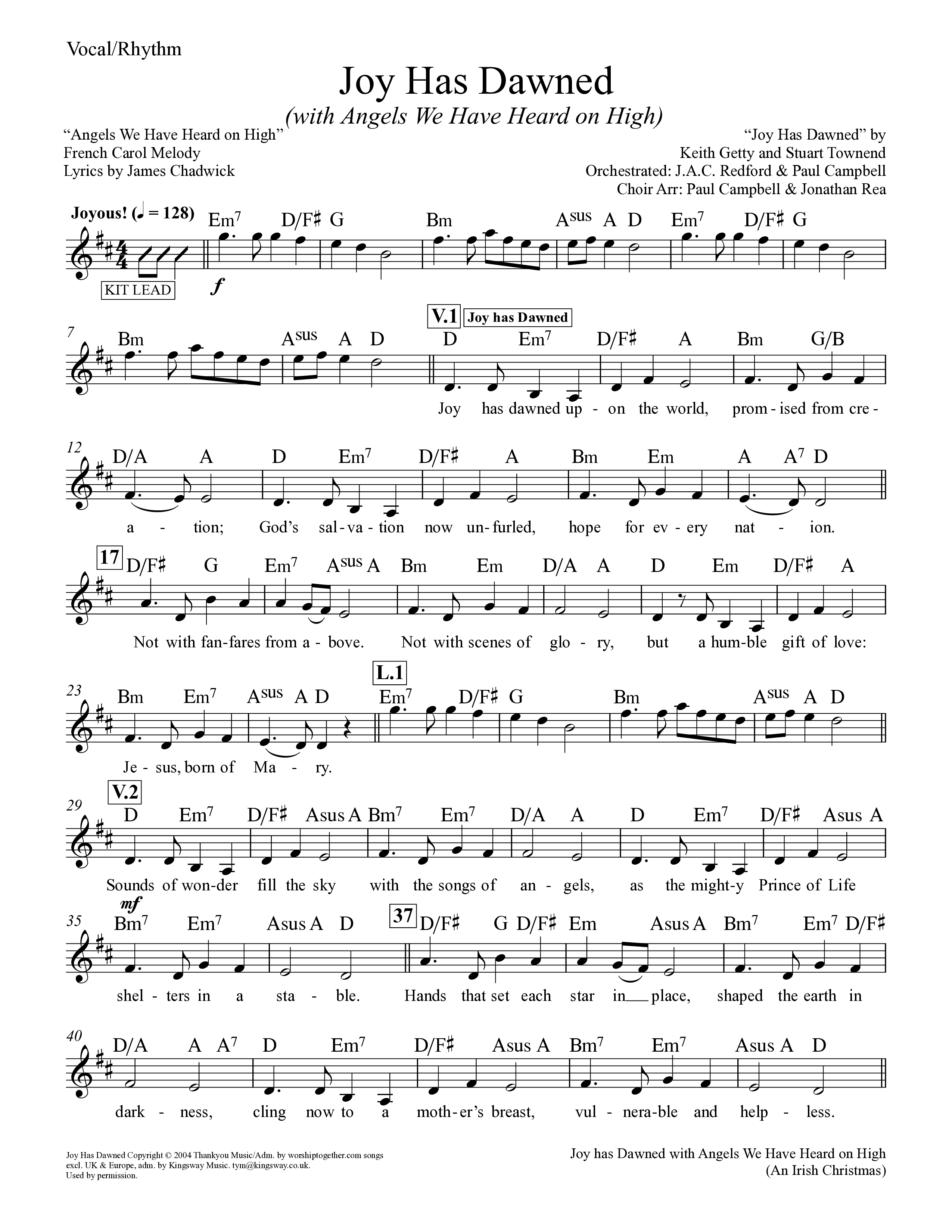 Joy Has Dawned (with Angels We Have Heard On High) Lead Sheet (Melody) (Keith & Kristyn Getty)