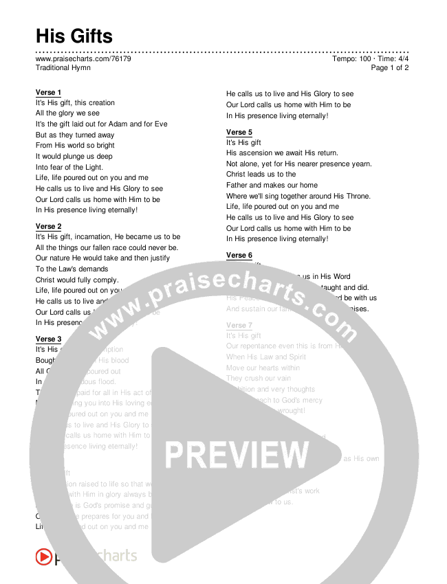 His Gifts Lyrics (Traditional Hymn)