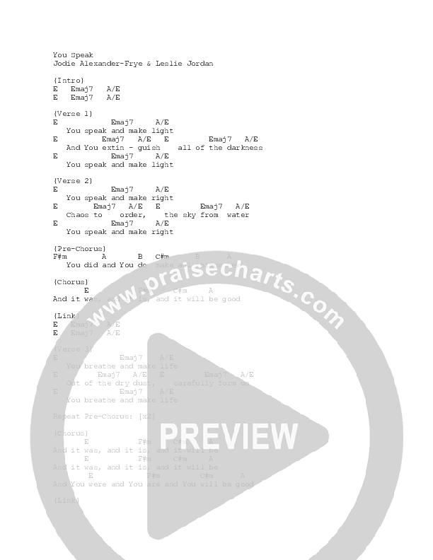 You Speak Chord Chart (Vineyard Worship / Jodie Alexander-Frye)