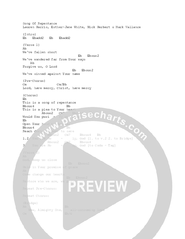 Song Of Repentance Chord Chart (New Wine Worship)
