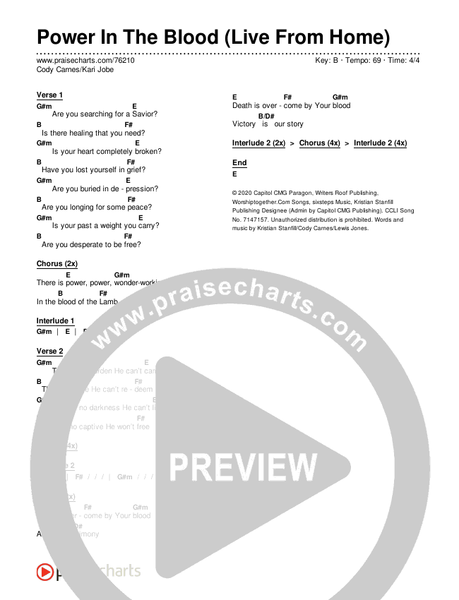 Power In The Blood (Live From Home) Chords & Lyrics (Cody Carnes / Kari Jobe)