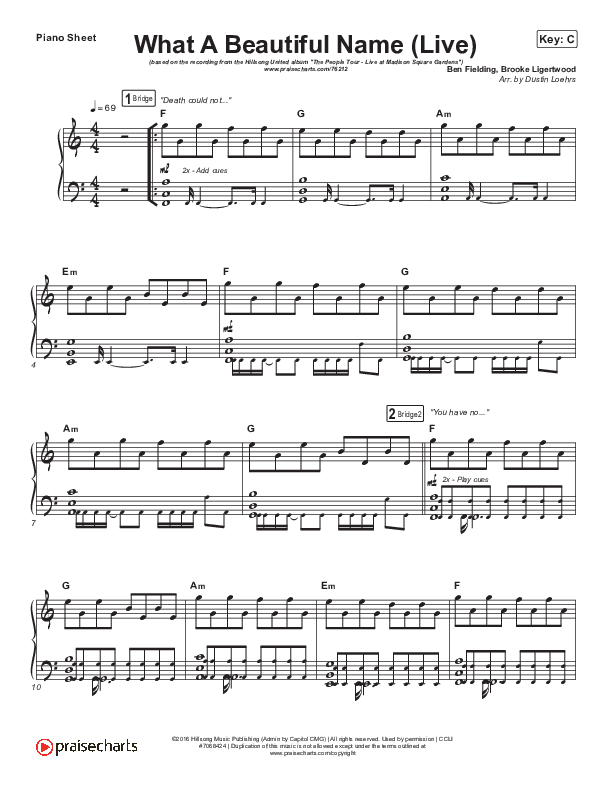 What A Beautiful Name (Live) Piano Sheet (Hillsong UNITED)