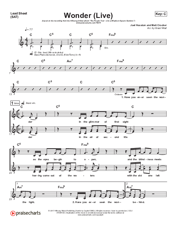 Wonder (Live) Lead Sheet (SAT) (Hillsong UNITED)