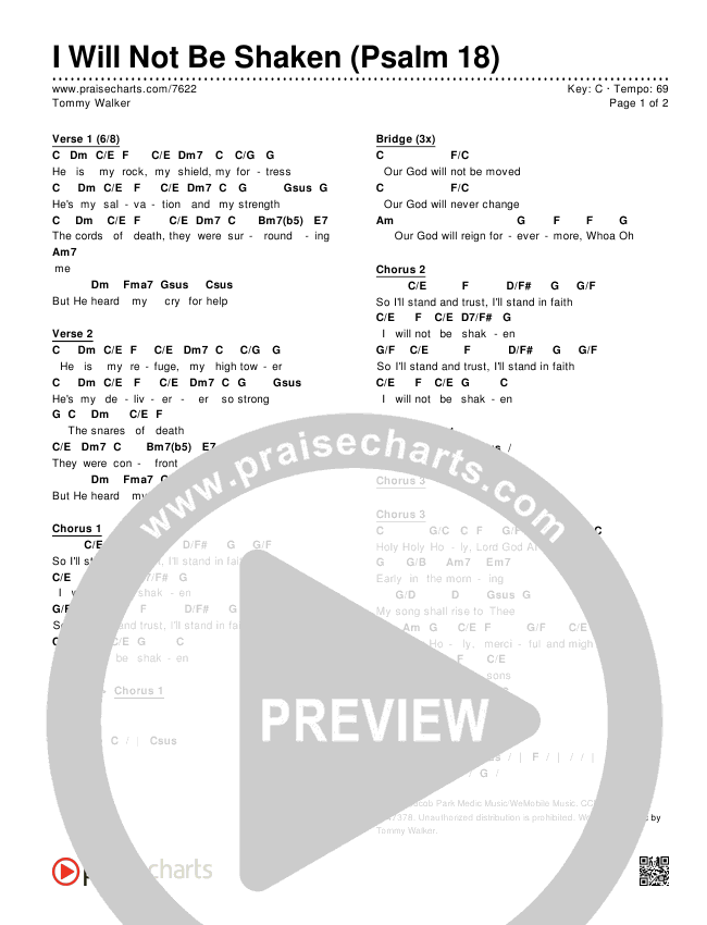 I Will Not Be Shaken Chords & Lyrics (Tommy Walker)