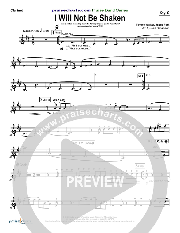 I Will Not Be Shaken Clarinet (Tommy Walker)