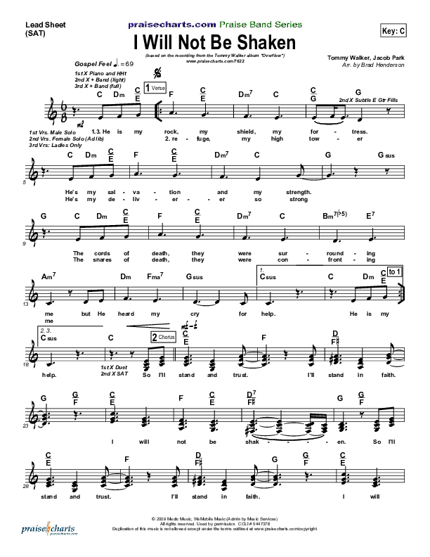 I Will Not Be Shaken Lead Sheet (SAT) (Tommy Walker)