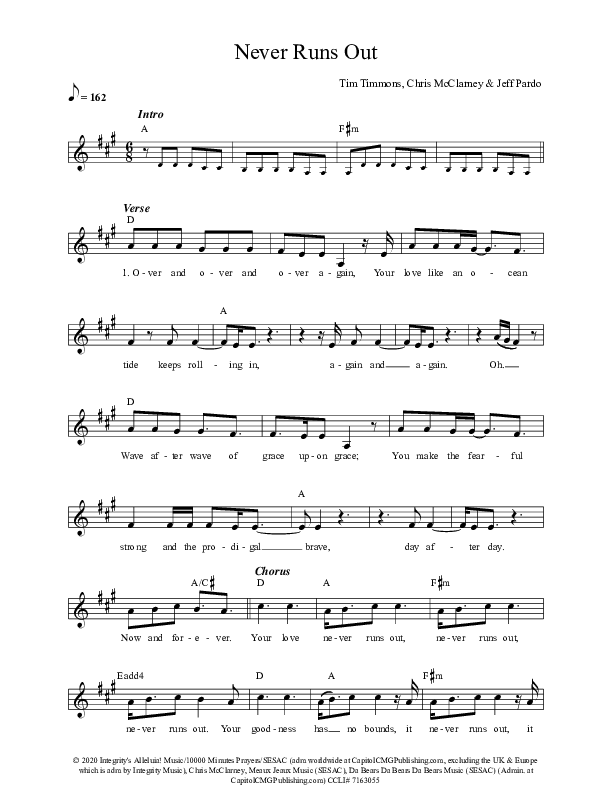 Never Runs Out Lead Sheet (Tim Timmons)