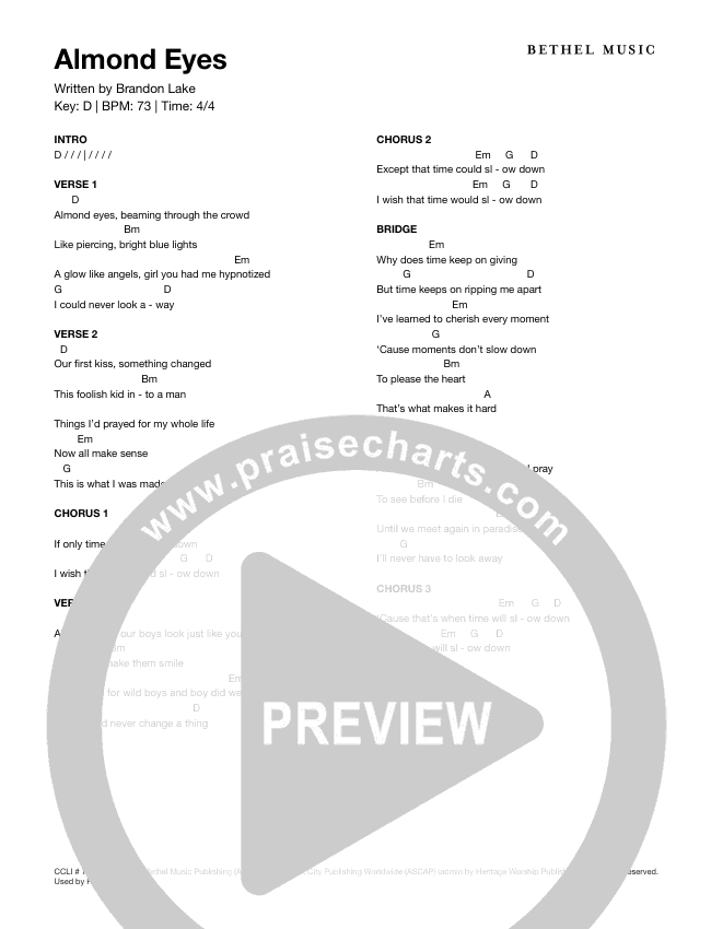 Almond Eyes Chords PDF (Brandon Lake) PraiseCharts