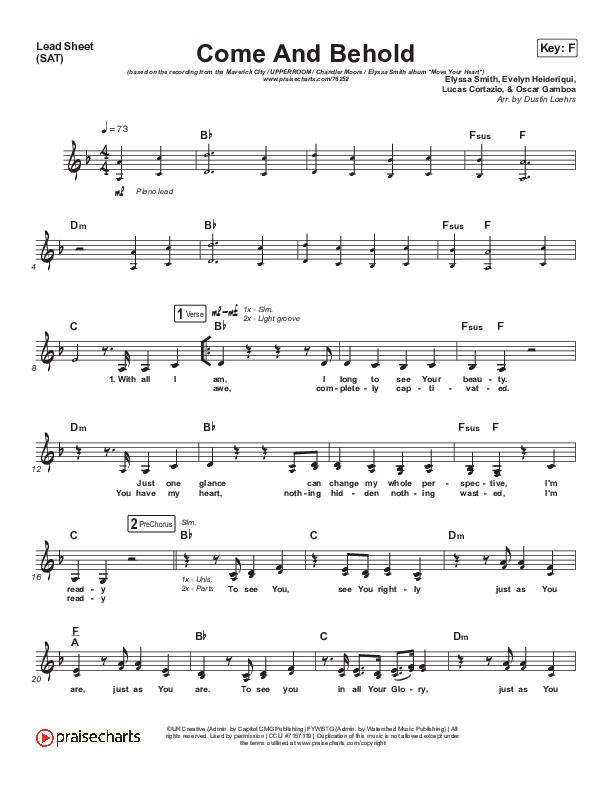Come And Behold Lead Sheet (SAT) (Maverick City Music / UPPERROOM / Elyssa Smith / Chandler Moore)