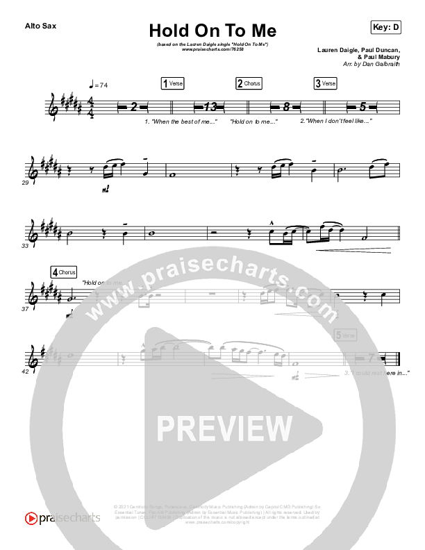 Hold On To Me Alto Sax (Lauren Daigle)