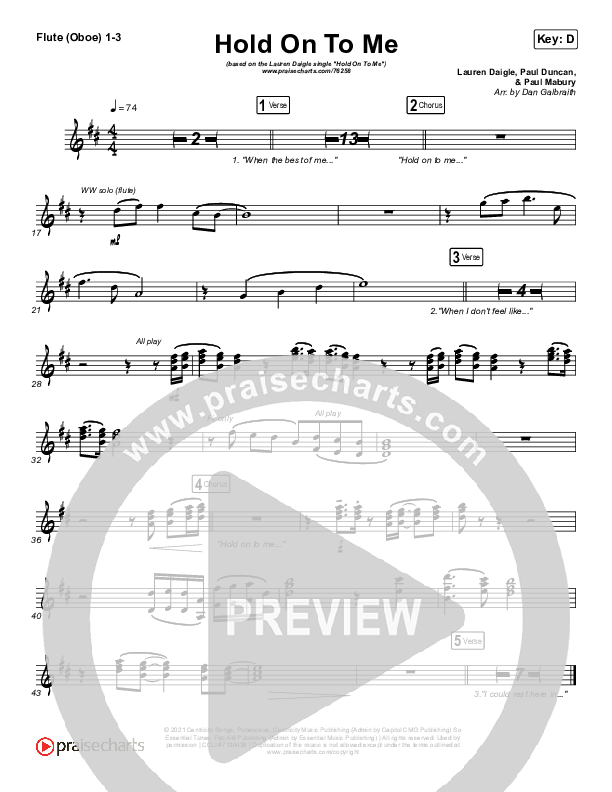 Hold On To Me Flute/Oboe 1/2/3 (Lauren Daigle)