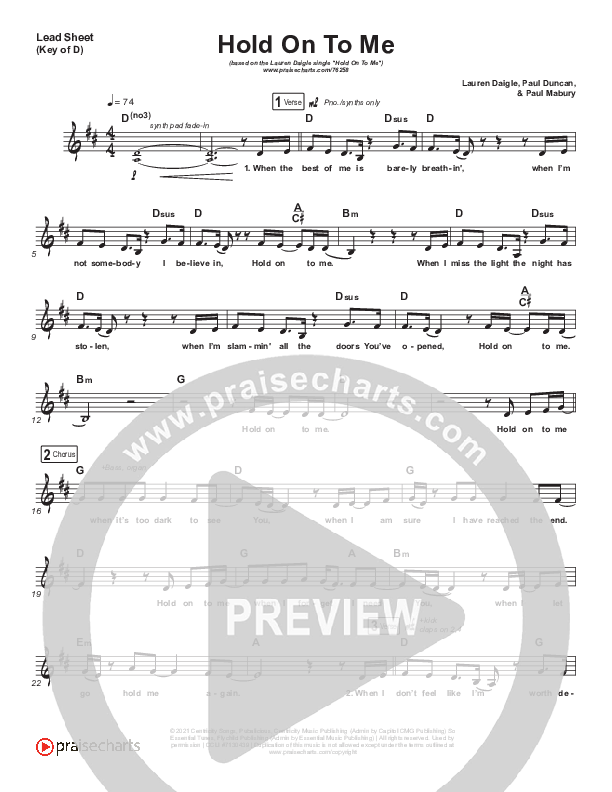 Hold On To Me Lead Sheet (Melody) (Lauren Daigle)