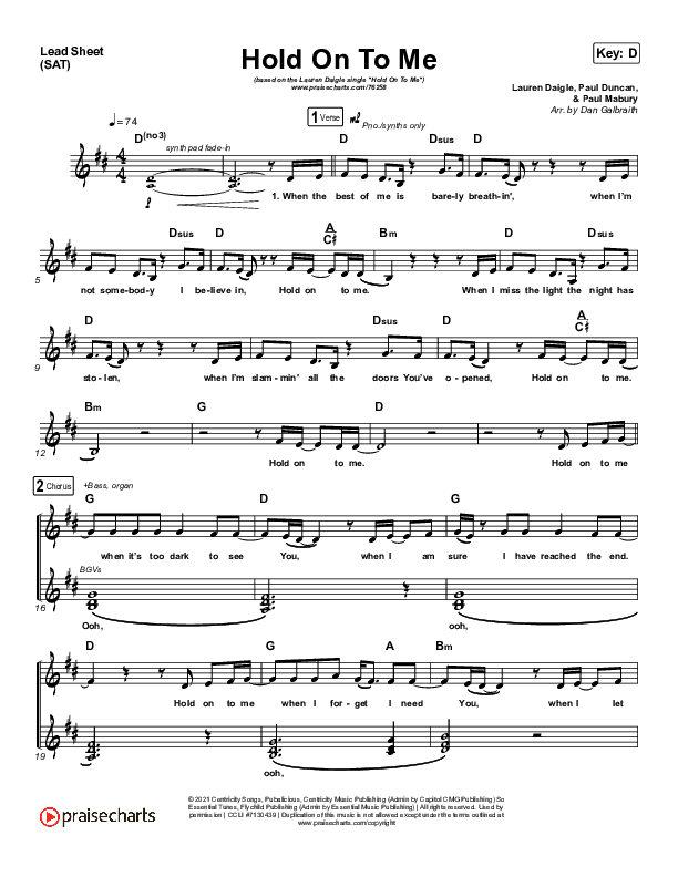 Hold On To Me Lead Sheet (SAT) (Lauren Daigle)