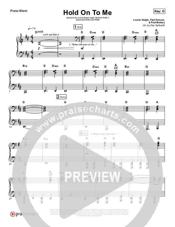 Hold On To Me Piano Sheet (Lauren Daigle)