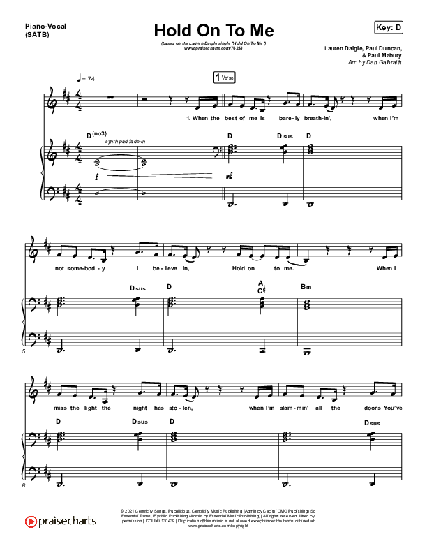 Hold On To Me Piano/Vocal (SATB) (Lauren Daigle)