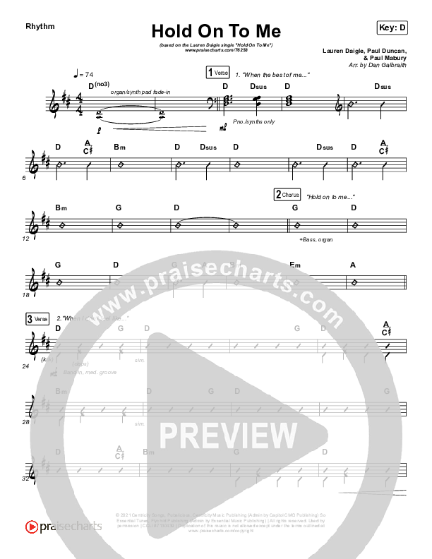 Hold On To Me Rhythm Chart (Lauren Daigle)