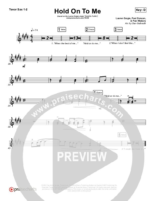 Hold On To Me Tenor Sax 1/2 (Lauren Daigle)
