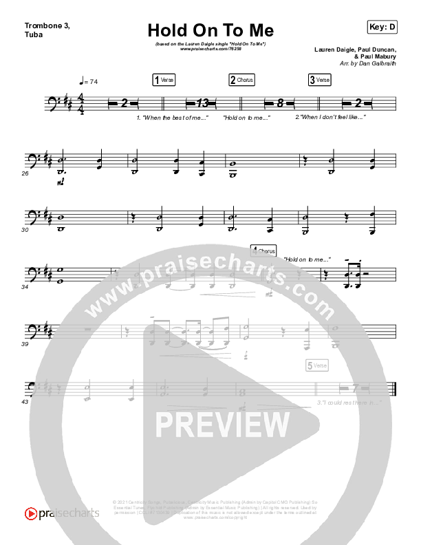 Hold On To Me Trombone 3/Tuba (Lauren Daigle)