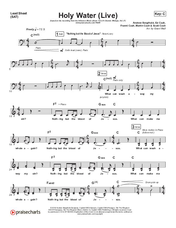 Holy Water (Live) Lead Sheet (SAT) (Influence Music)