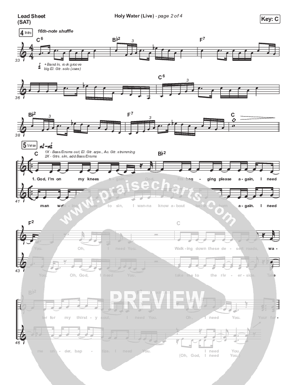 Holy Water (Live) Lead Sheet (SAT) (Influence Music)