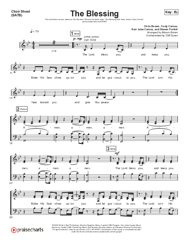 The Blessing (Choral Anthem SATB) Choir Vocals (SATB) (Elevation Worship / Cody Carnes / Kari Jobe / Arr. Cliff Duren / Mason Brown)